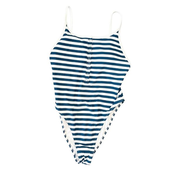 UpWest Other - UpWest Henley One Piece Swimsuit NWOT Blue White Striped Scoop Back Size Medium
